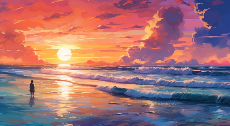 孤独的男孩站在夕阳海景边,插画/手绘图,插画/手绘图库,插画/手绘图下载,插画/手绘